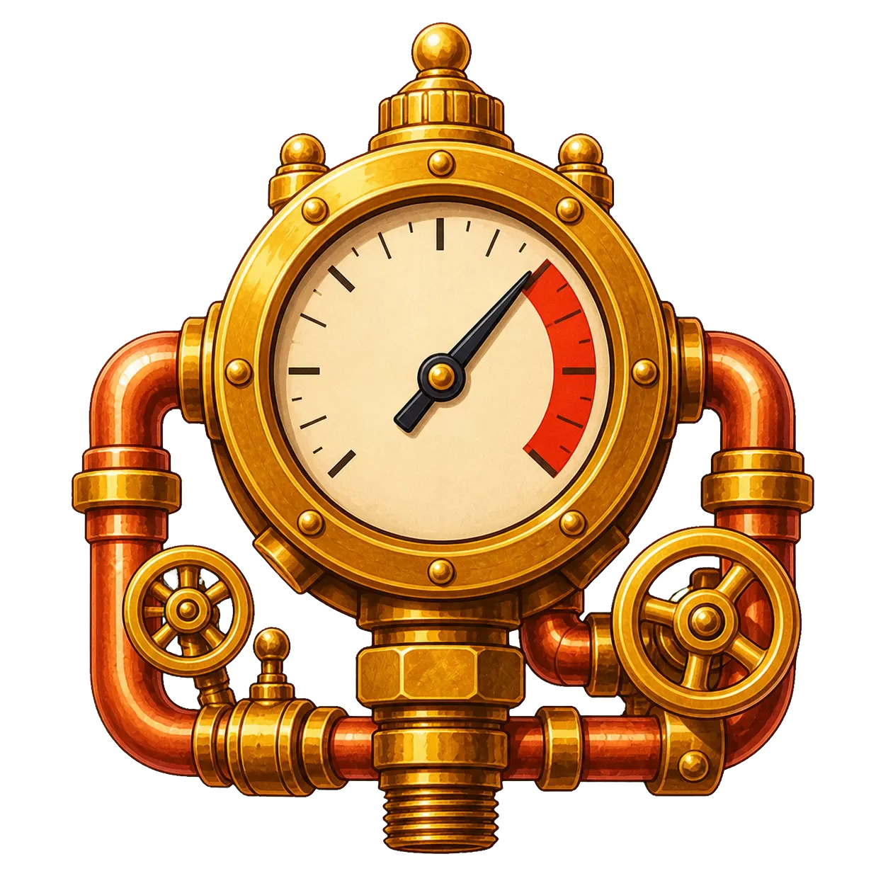 An ornate brass pressure gauge connected to copper pipes